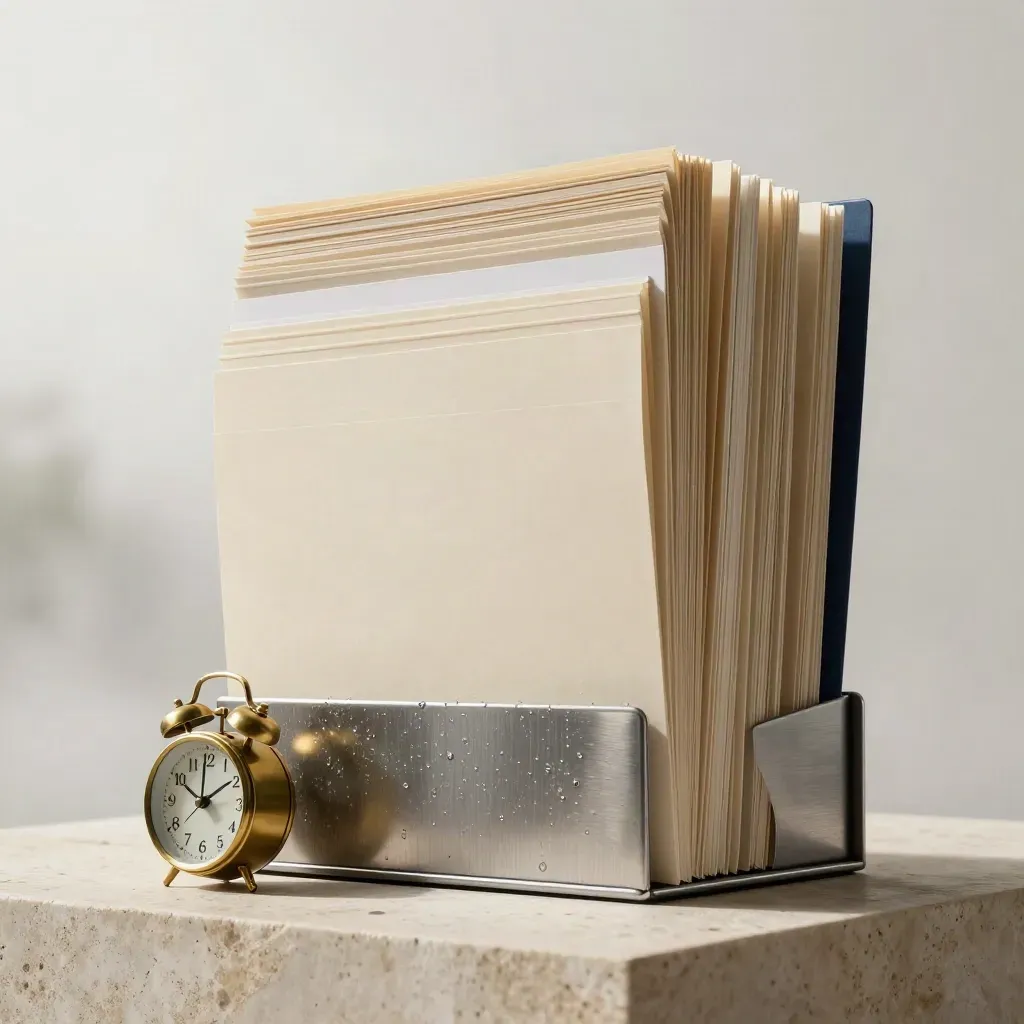 Rain-damp folder tower, brass clock and metal tray on pale stone in a studio still life.