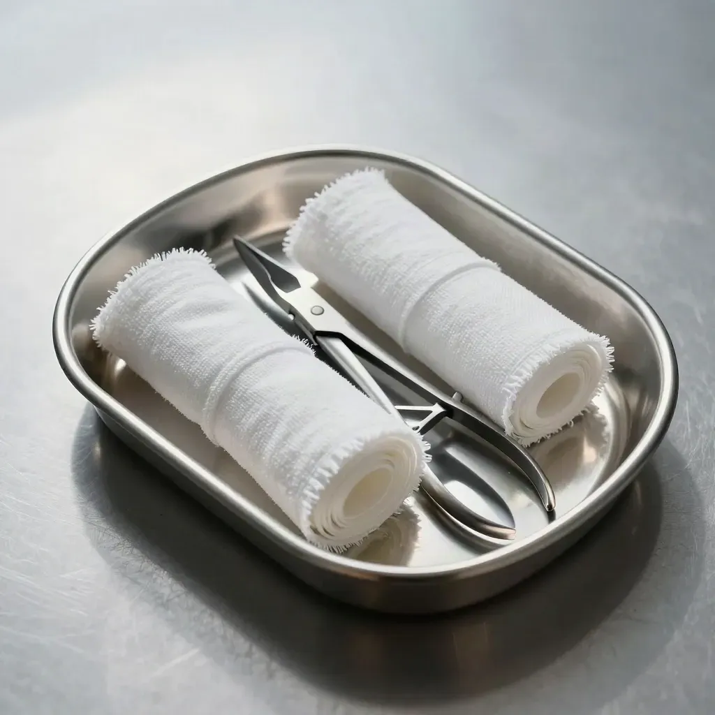 Overhead still life of a stainless tray with forceps, gauze rolls, and a specimen vial on matte metal.