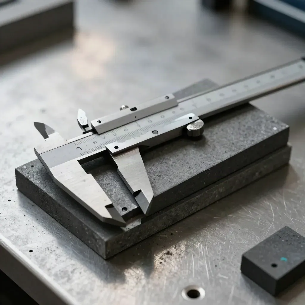 Open calipers on graphite blocks with a teal accent on a brushed steel bench.