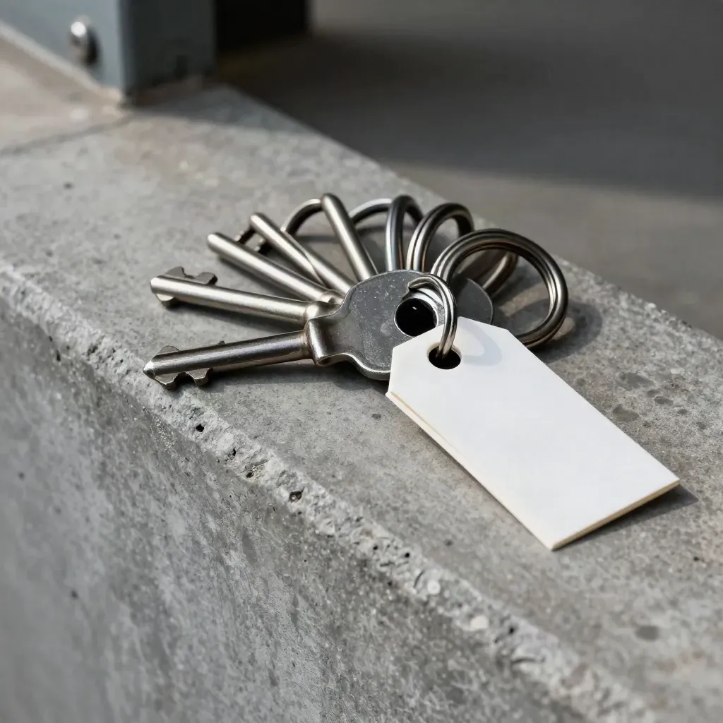 Dock seal rings, a key, and a face-down dispatch tag on concrete in raking light.