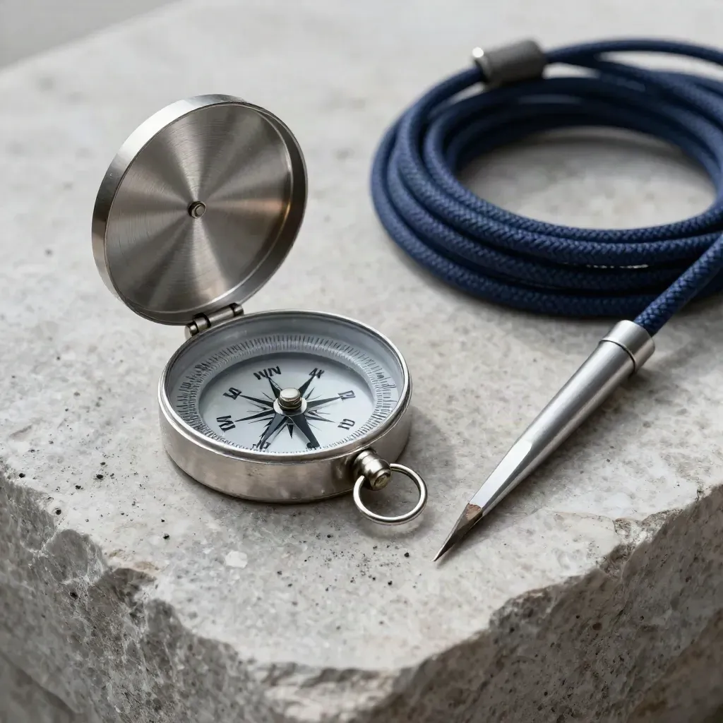 Open survey compass, aluminum stake, and coiled cord on pale stone in cool dawn light.