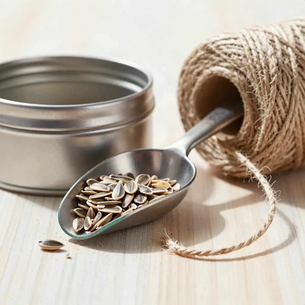 Seed scoop, stainless tin and twine on pale wood in dramatic low light