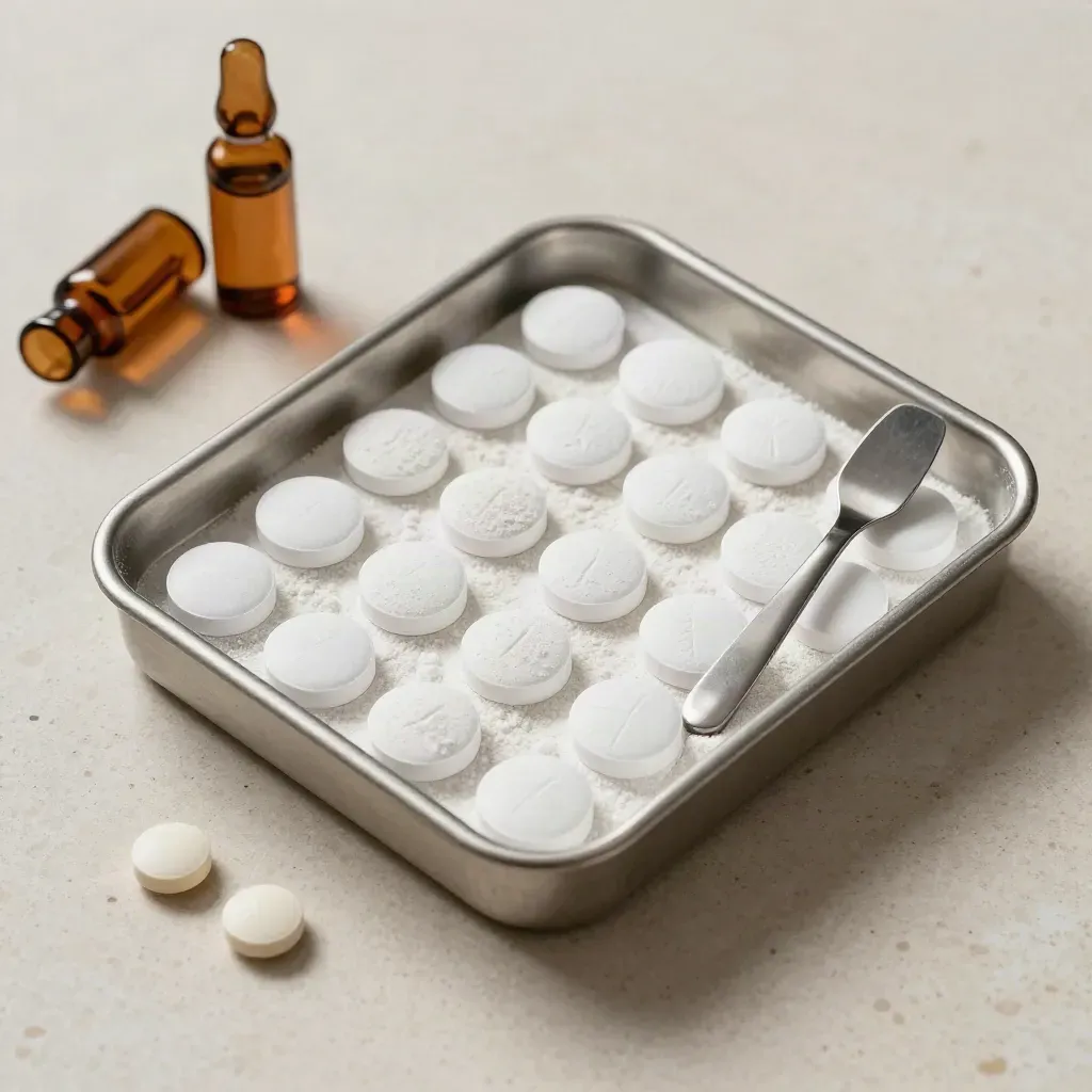 Top-down pharmacy tray with amber caps and a stainless spatula on pale travertine.