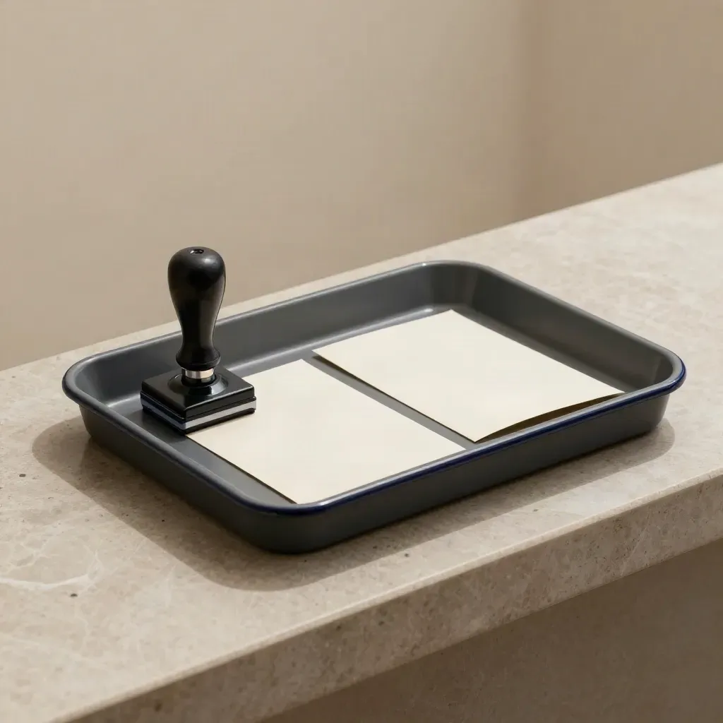 Modular posting tray, rubber date stamp, and blank slips on a stone ledge.