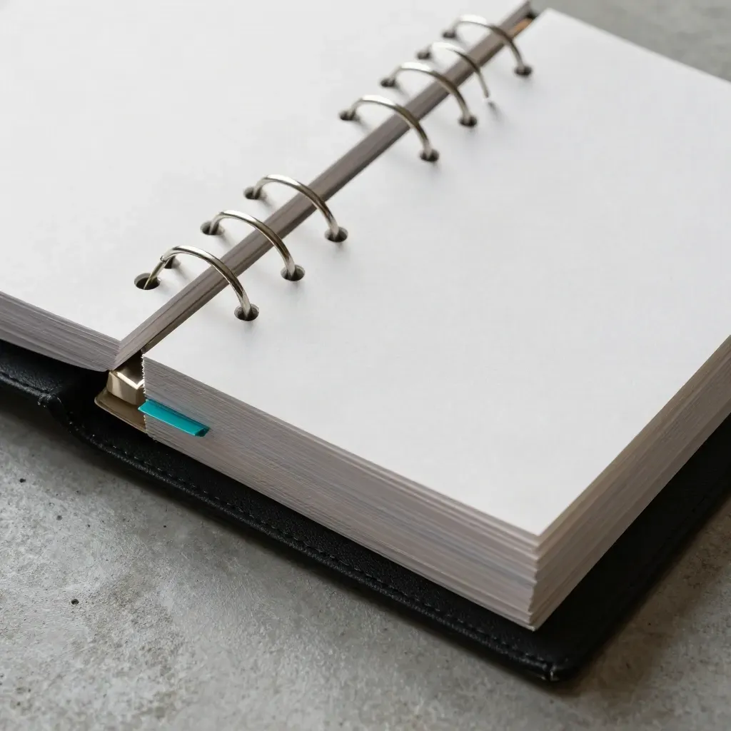 Binder with blank stage tabs and paperclips on a cool concrete surface.