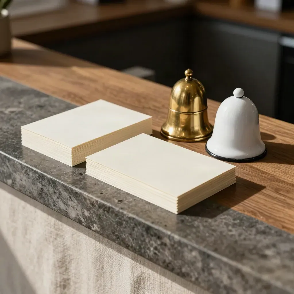 Brass timer and twin call bells beside blank appointment cards on an oak ledge