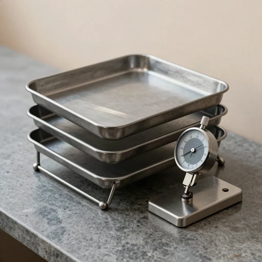 Tiered tray, desk gauge, and metal counter plate on cool stone, lit from upper left.