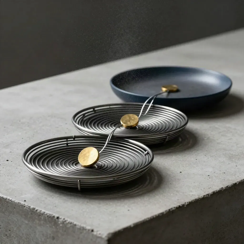 Three nested wire trays with a brass token on a concrete plinth, lit dramatically in a dark studio.