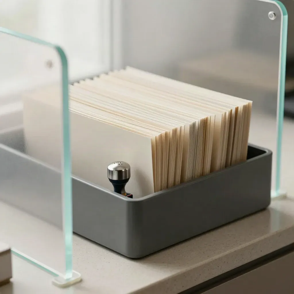 Folders, approval tray and capped stamp seen through frosted acrylic divider.