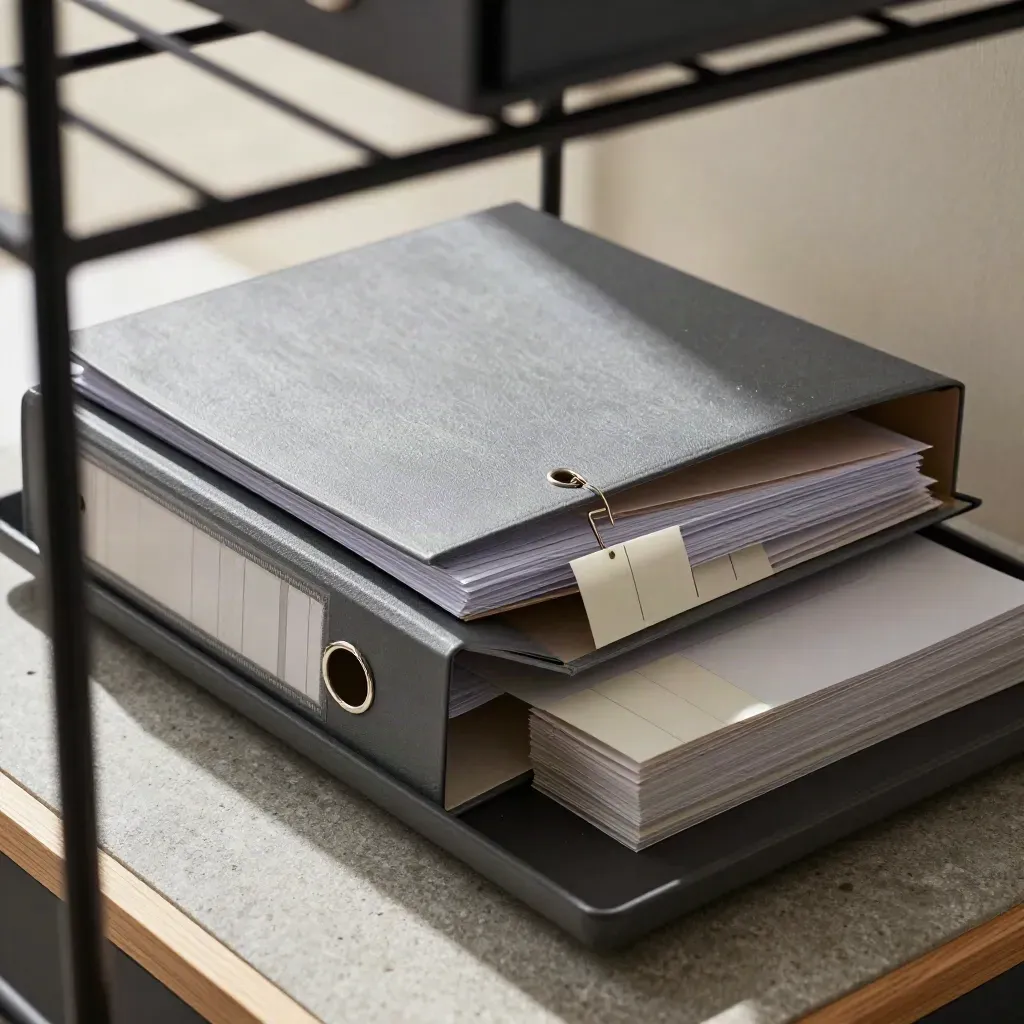 Top-down binders, clips and blank labels on trays, seen through a wire rack.