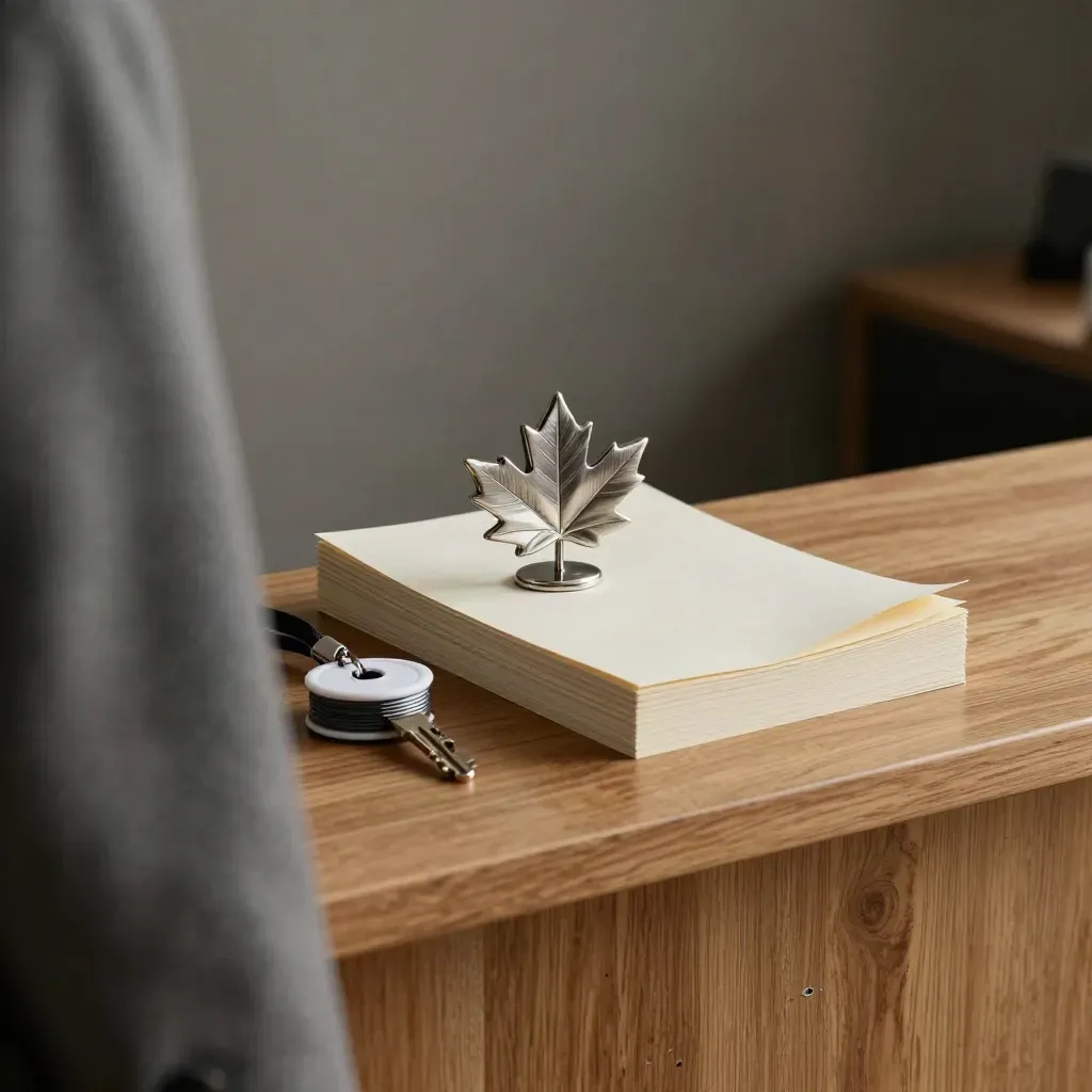 Maple-leaf paperweight, badge reel and office key on a warm oak intake stack.