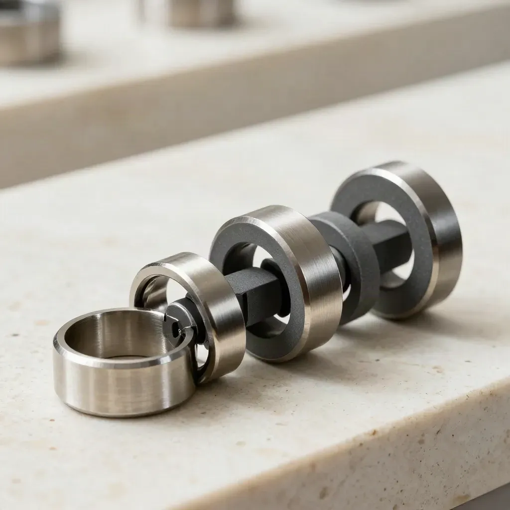 Machined rings, coupler, and graphite blocks on pale stone in a premium macro still life.