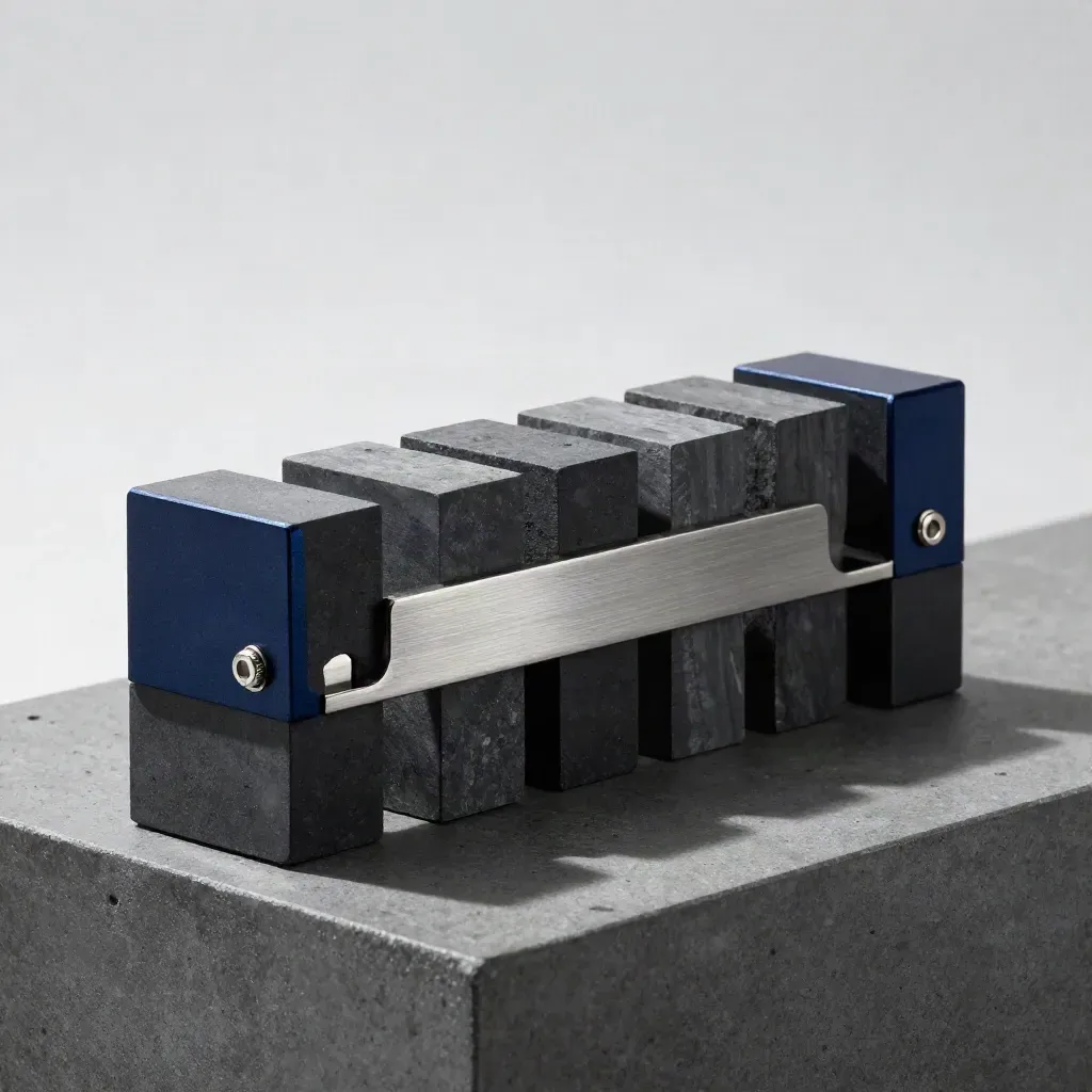 Graphite blocks joined by a brushed-metal bridge and magnetic clip on charcoal concrete.