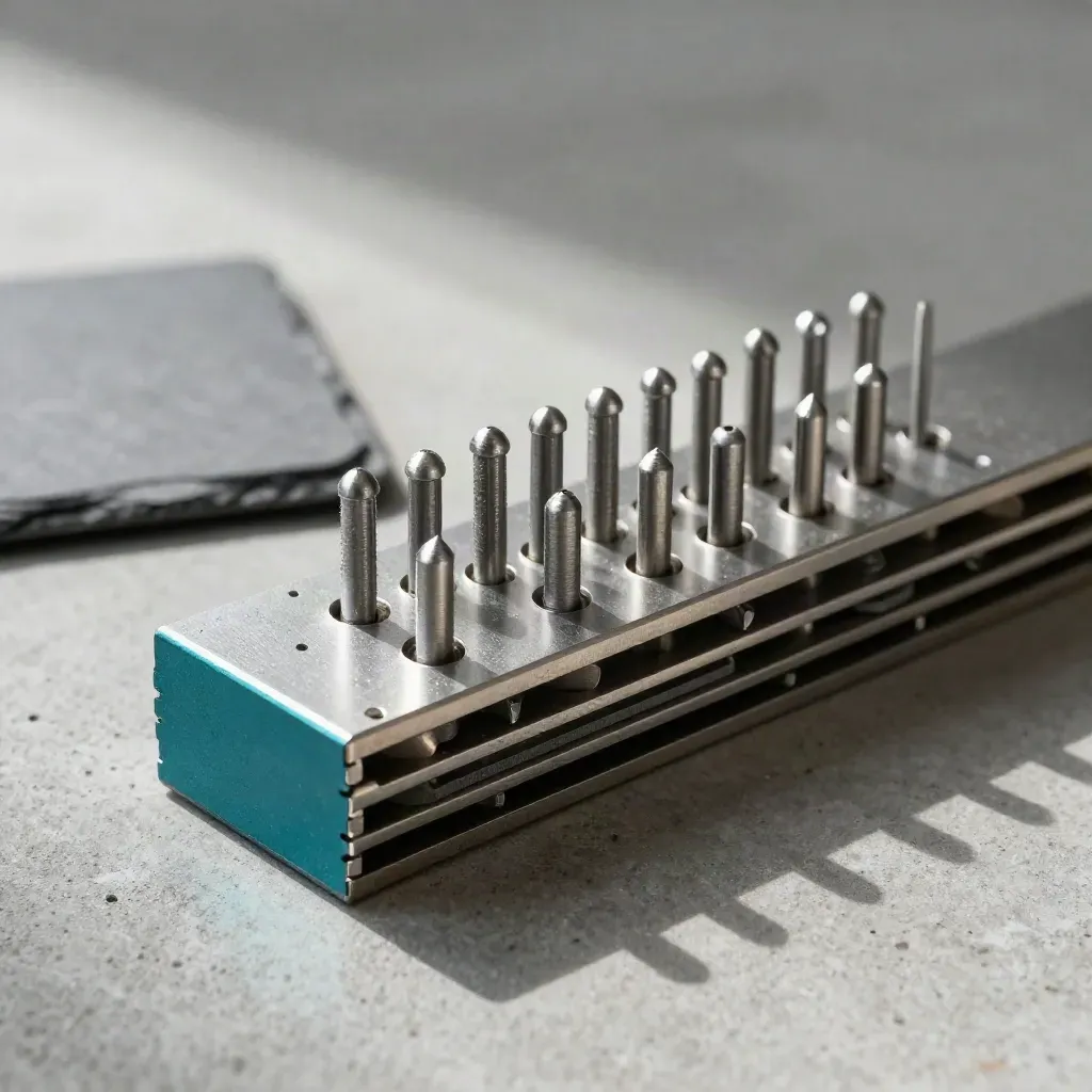 Macro of graphite connector plates, linking pins, and a stepped metal rail with teal accent light.