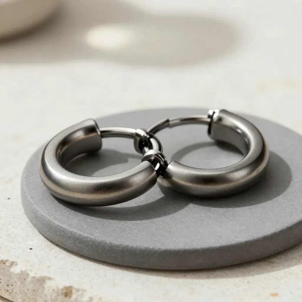 Two polished hoops and a spacer ring on pale stone, lit from above in a clean top-down macro